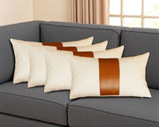 Set Of Four 18" X 18" Brown and Ivory Faux Leather Zippered Pillow-Accent Throw Pillows-DECOROLALA