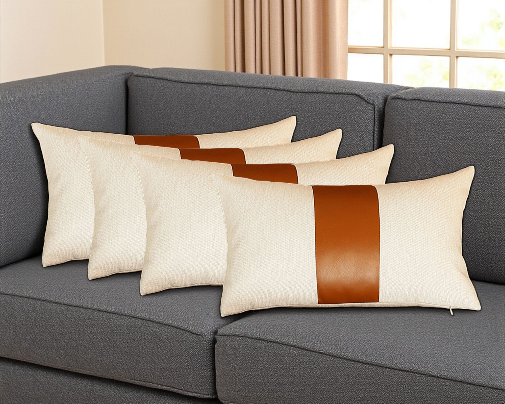 Set Of Four 18" X 18" Brown and Ivory Faux Leather Zippered Pillow-Accent Throw Pillows-DECOROLALA