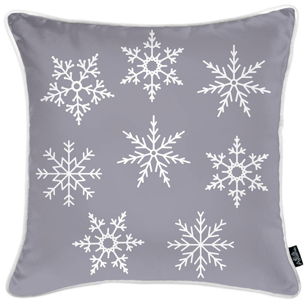 Set Of Four 18" X 18" Grey Zippered Polyester Christmas Snowflakes Throw Pillow Cover-Accent Throw Pillows-DECOROLALA