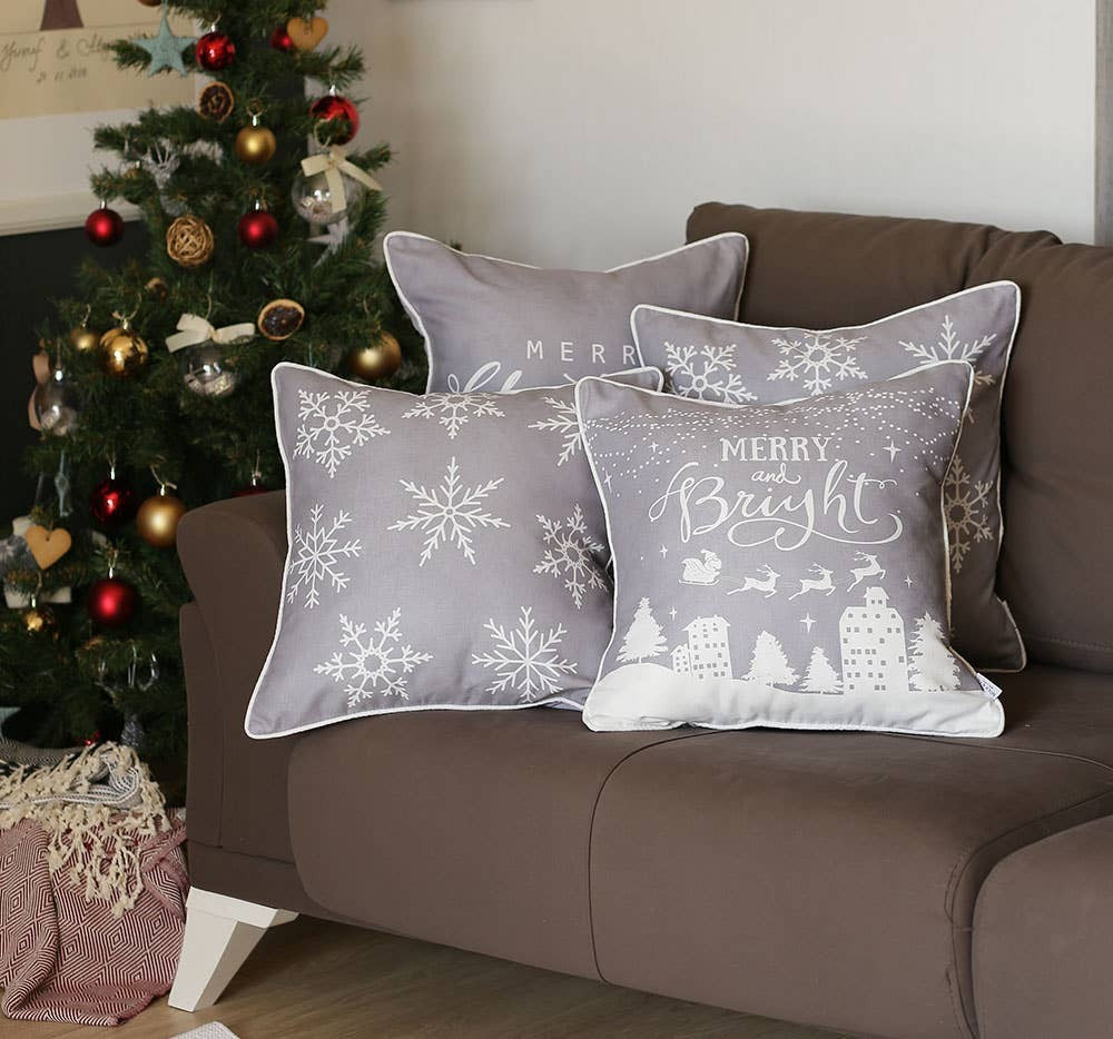 Set Of Four 18" X 18" Grey Zippered Polyester Christmas Snowflakes Throw Pillow Cover-Accent Throw Pillows-DECOROLALA