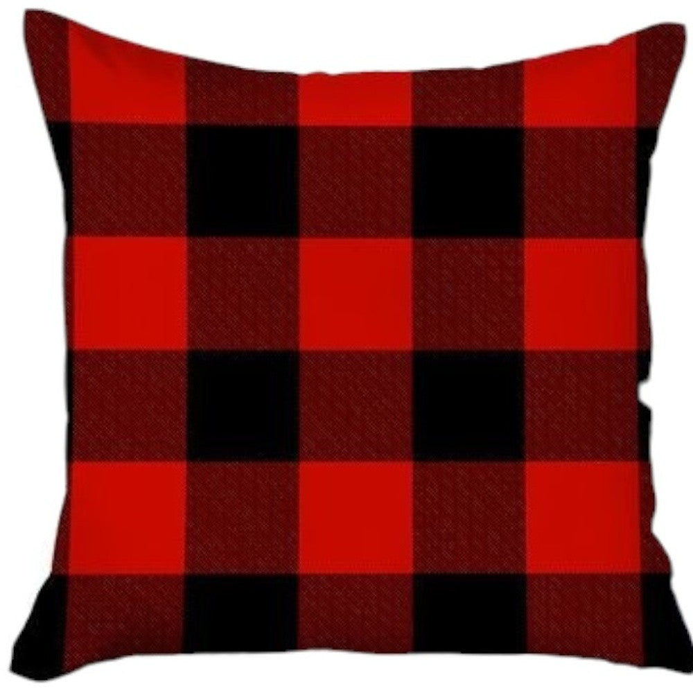 Set Of Four 18 X 18 Red And Black Plaid Zippered Polyester Christmas Throw Pillow-Accent Throw Pillows-DECOROLALA