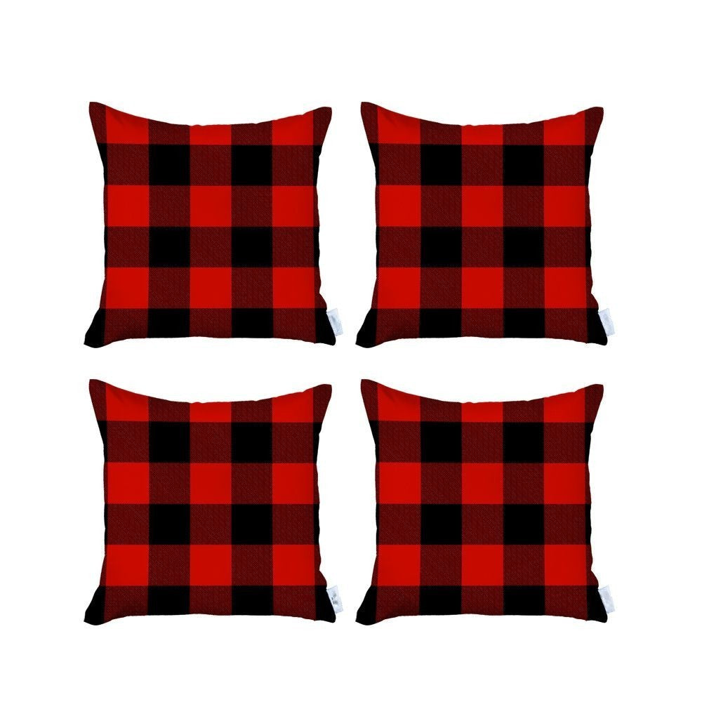 Set Of Four 18 X 18 Red And Black Plaid Zippered Polyester Christmas Throw Pillow-Accent Throw Pillows-DECOROLALA
