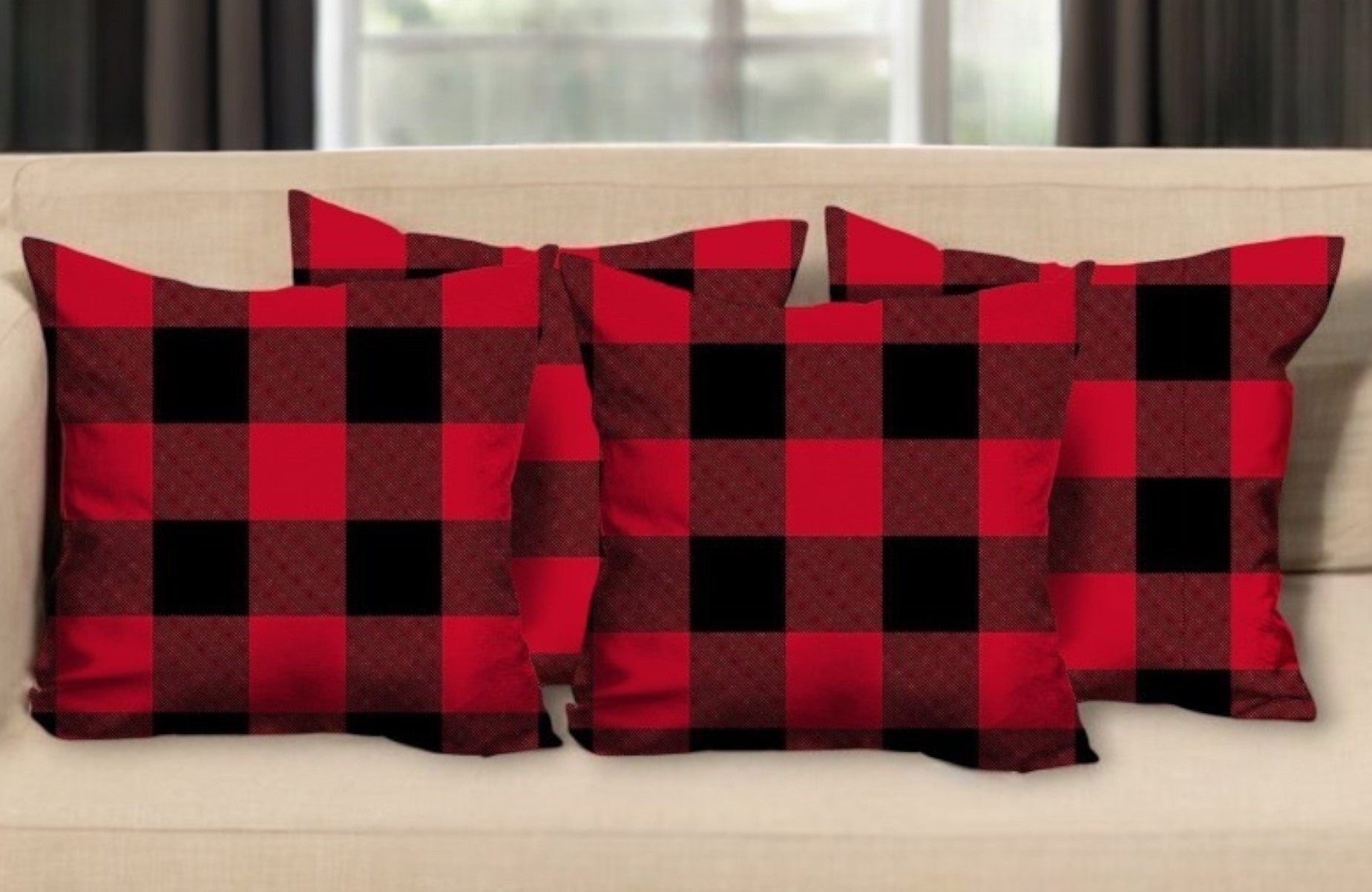 Set Of Four 18 X 18 Red And Black Plaid Zippered Polyester Christmas Throw Pillow-Accent Throw Pillows-DECOROLALA