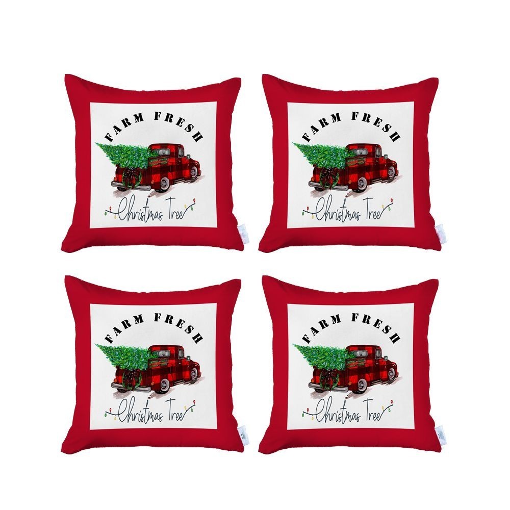 Set Of Four 18 X 18 Red Plaid Zippered Polyester Christmas Tree Throw Pillow-Accent Throw Pillows-DECOROLALA