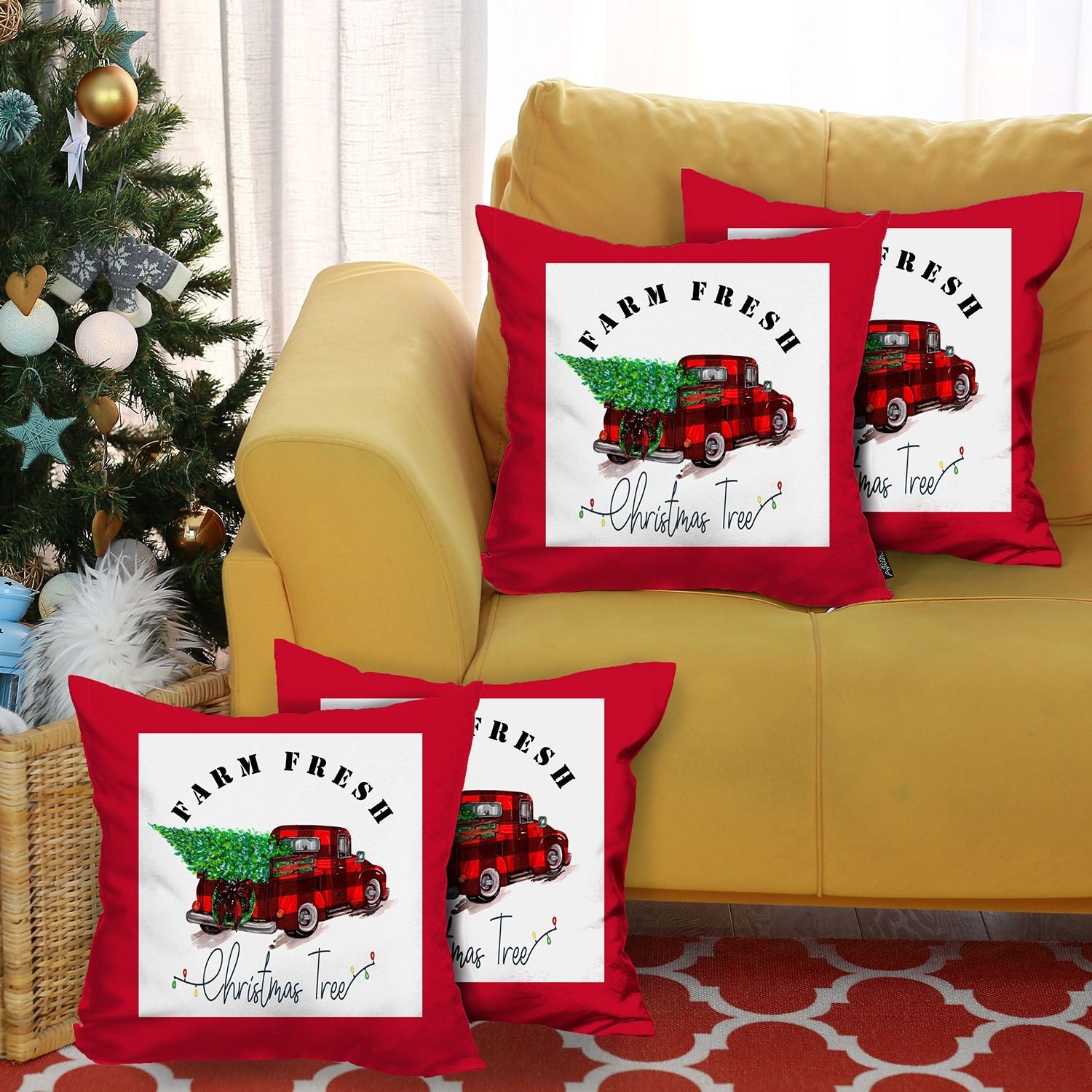 Set Of Four 18 X 18 Red Plaid Zippered Polyester Christmas Tree Throw Pillow-Accent Throw Pillows-DECOROLALA