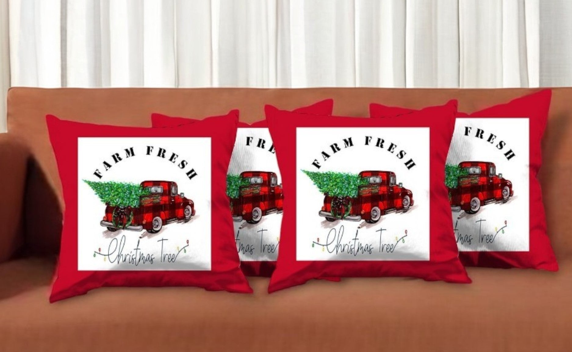 Set Of Four 18 X 18 Red Plaid Zippered Polyester Christmas Tree Throw Pillow-Accent Throw Pillows-DECOROLALA
