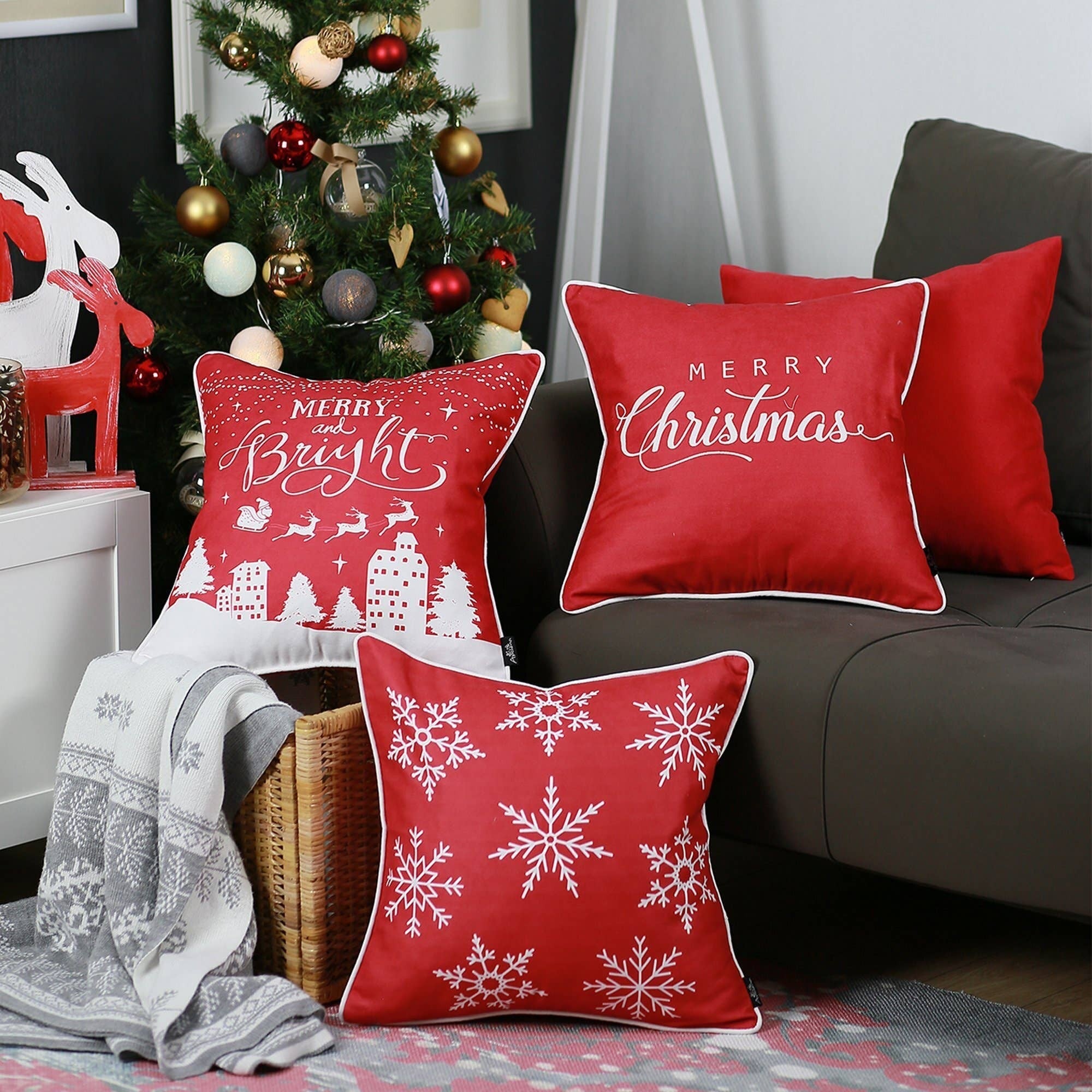 Set Of Four 18" X 18" Red Zippered Polyester Christmas Snowflakes Throw Pillow-Accent Throw Pillows-DECOROLALA