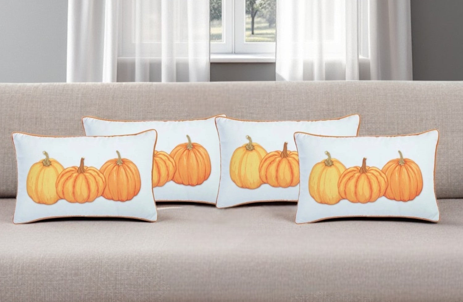 Set Of Four 20" Orange Pumpkin Trio Lumbar Throw Pillow Covers-Accent Throw Pillows-DECOROLALA