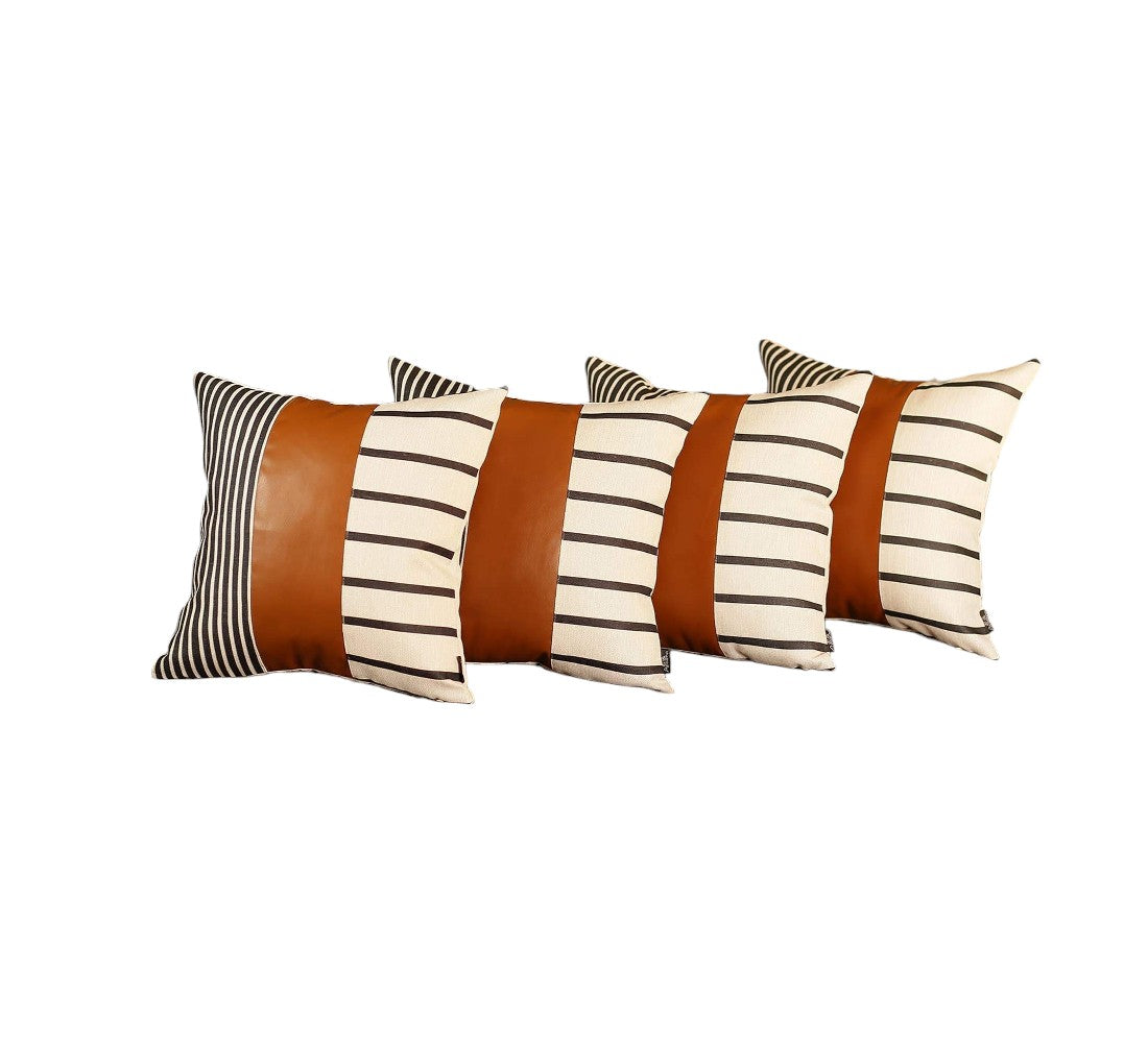 Set Of Four 20" X 20" Brown Faux Leather Striped Zippered Pillow-Accent Throw Pillows-DECOROLALA