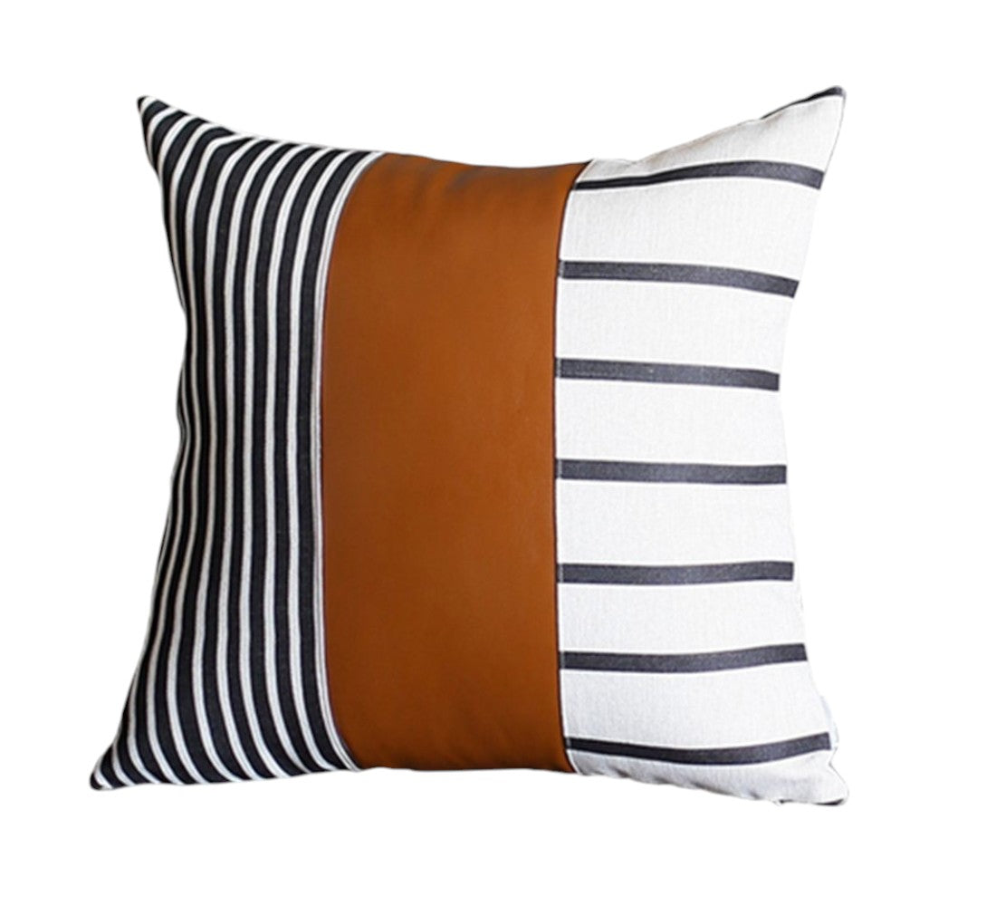 Set Of Four 20" X 20" Brown Faux Leather Striped Zippered Pillow-Accent Throw Pillows-DECOROLALA