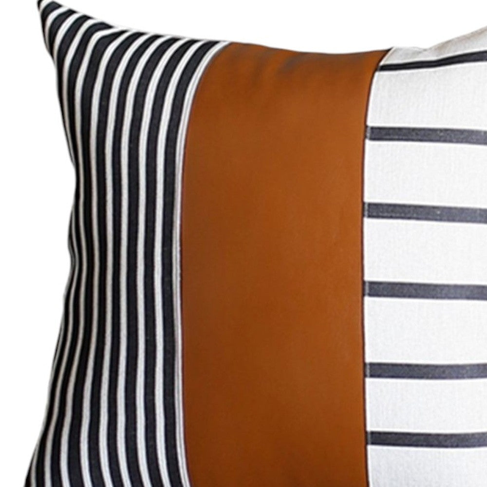 Set Of Four 20" X 20" Brown Faux Leather Striped Zippered Pillow-Accent Throw Pillows-DECOROLALA