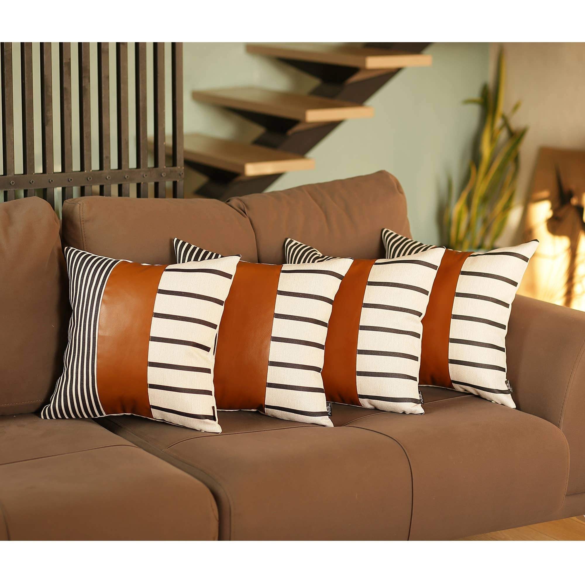 Set Of Four 20" X 20" Brown Faux Leather Striped Zippered Pillow-Accent Throw Pillows-DECOROLALA