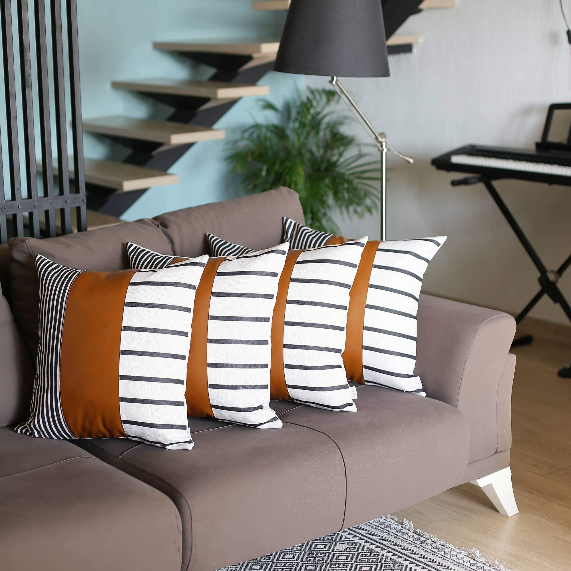 Set Of Four 20" X 20" Brown Faux Leather Striped Zippered Pillow-Accent Throw Pillows-DECOROLALA