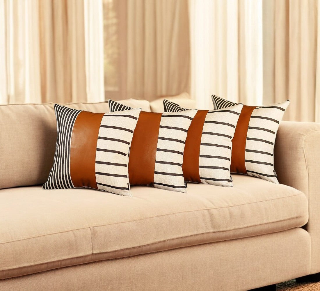 Set Of Four 20" X 20" Brown Faux Leather Striped Zippered Pillow-Accent Throw Pillows-DECOROLALA