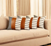 Set Of Four 20" X 20" Brown Faux Leather Striped Zippered Pillow-Accent Throw Pillows-DECOROLALA