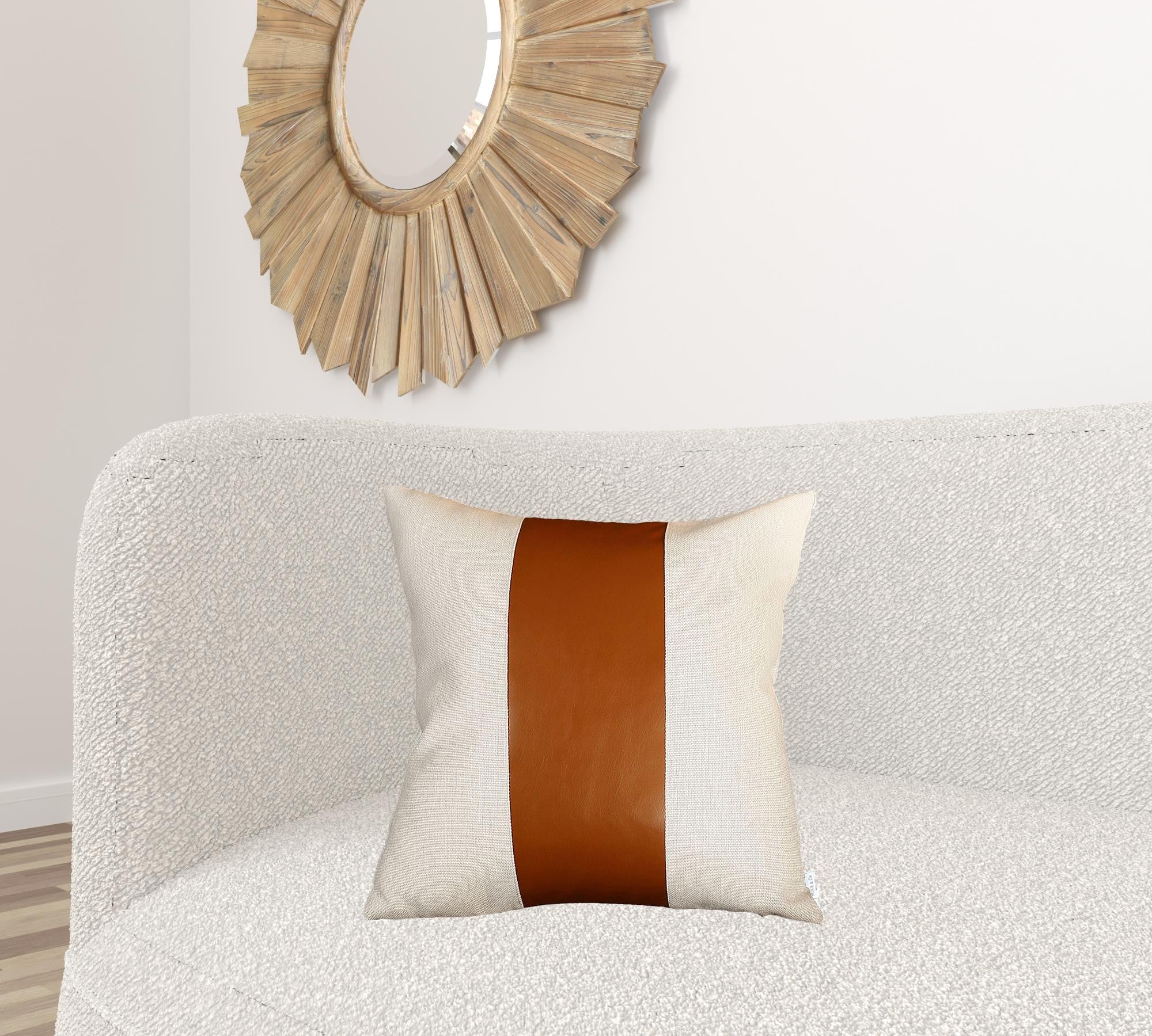 Set Of Four 20" X 20" Brown and Ivory Faux Leather Zippered Pillow-Accent Throw Pillows-DECOROLALA