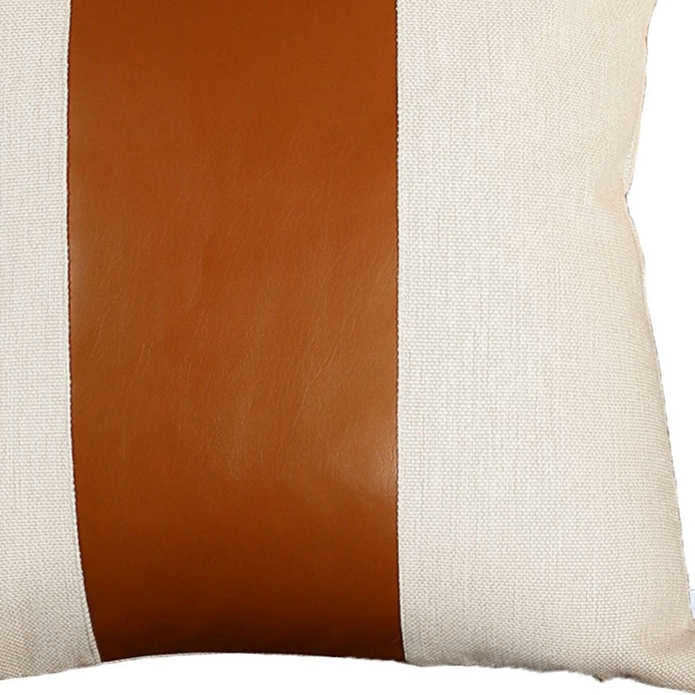 Set Of Four 20" X 20" Brown and Ivory Faux Leather Zippered Pillow-Accent Throw Pillows-DECOROLALA