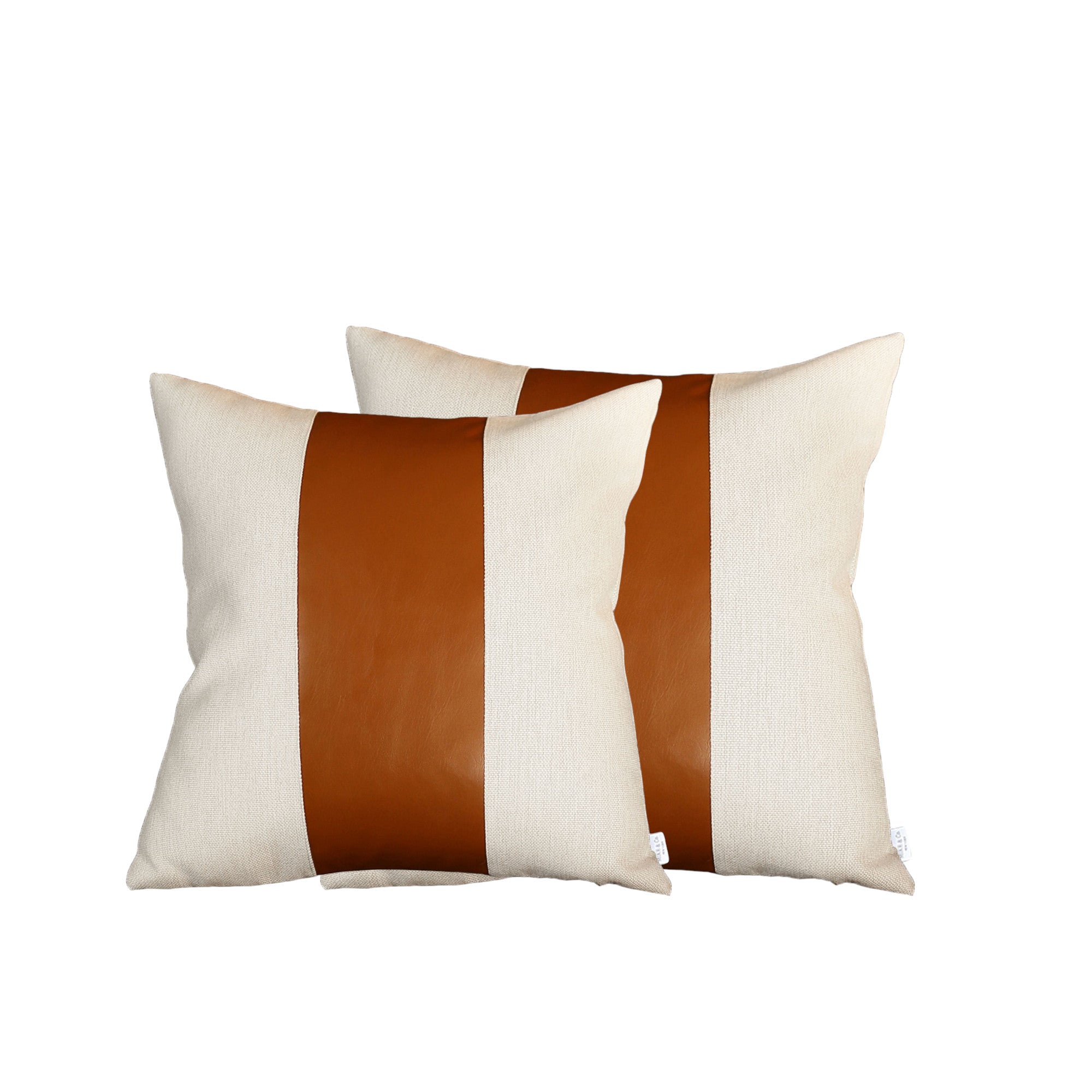 Set Of Four 20" X 20" Brown and Ivory Faux Leather Zippered Pillow Cover-Accent Throw Pillows-DECOROLALA