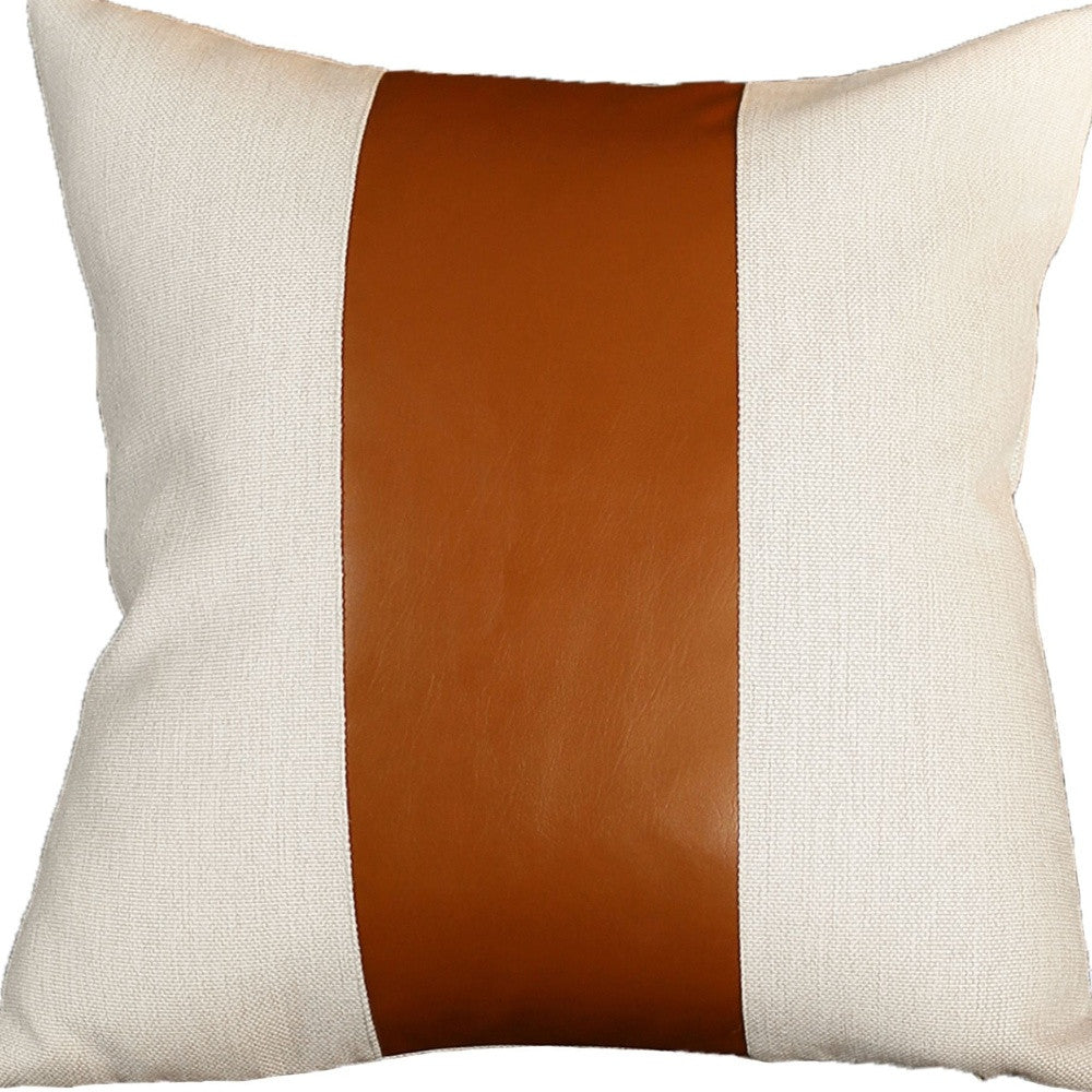 Set Of Four 20" X 20" Brown and Ivory Faux Leather Zippered Pillow Cover-Accent Throw Pillows-DECOROLALA