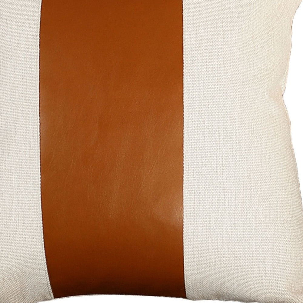 Set Of Four 20" X 20" Brown and Ivory Faux Leather Zippered Pillow Cover-Accent Throw Pillows-DECOROLALA