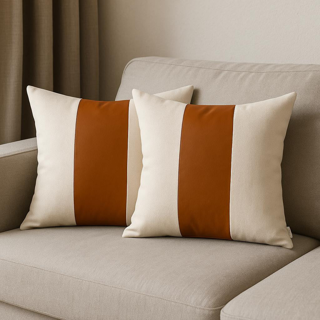 Set Of Four 20" X 20" Brown and Ivory Faux Leather Zippered Pillow Cover-Accent Throw Pillows-DECOROLALA