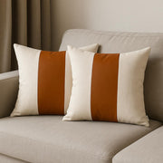 Set Of Four 20" X 20" Brown and Ivory Faux Leather Zippered Pillow Cover-Accent Throw Pillows-DECOROLALA