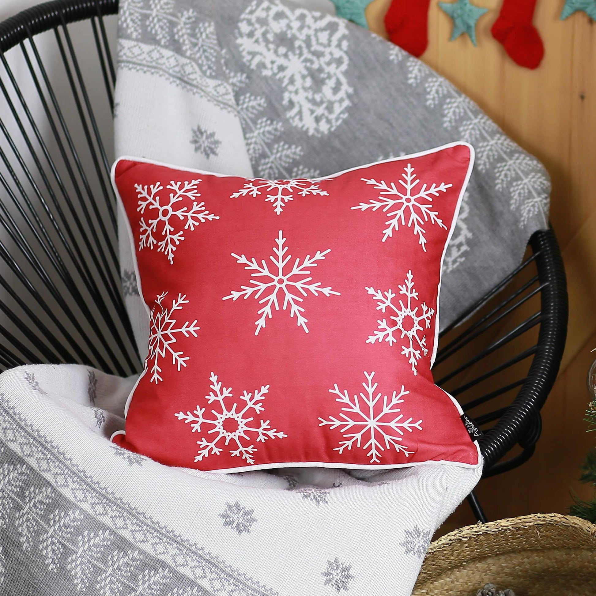 Set Of Four Red 18" Christmas Snowflakes Throw Pillow Covers-Accent Throw Pillows-DECOROLALA
