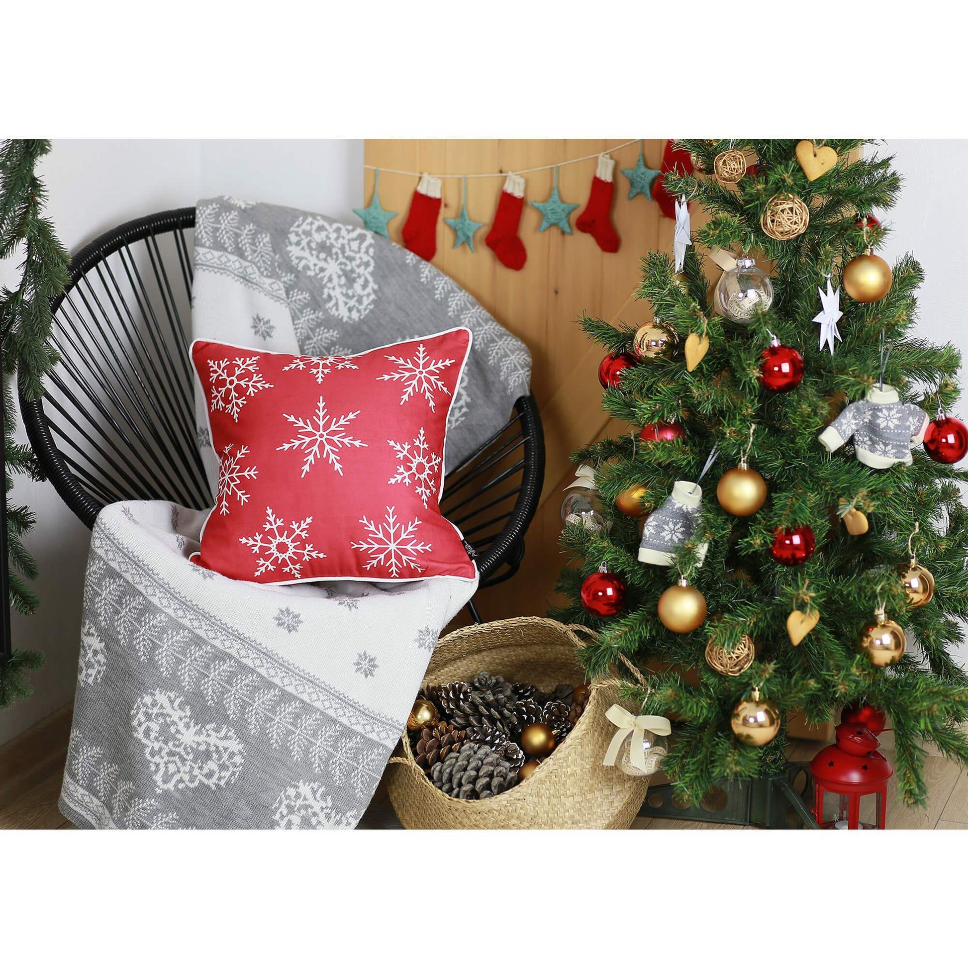 Set Of Four Red 18" Christmas Snowflakes Throw Pillow Covers-Accent Throw Pillows-DECOROLALA
