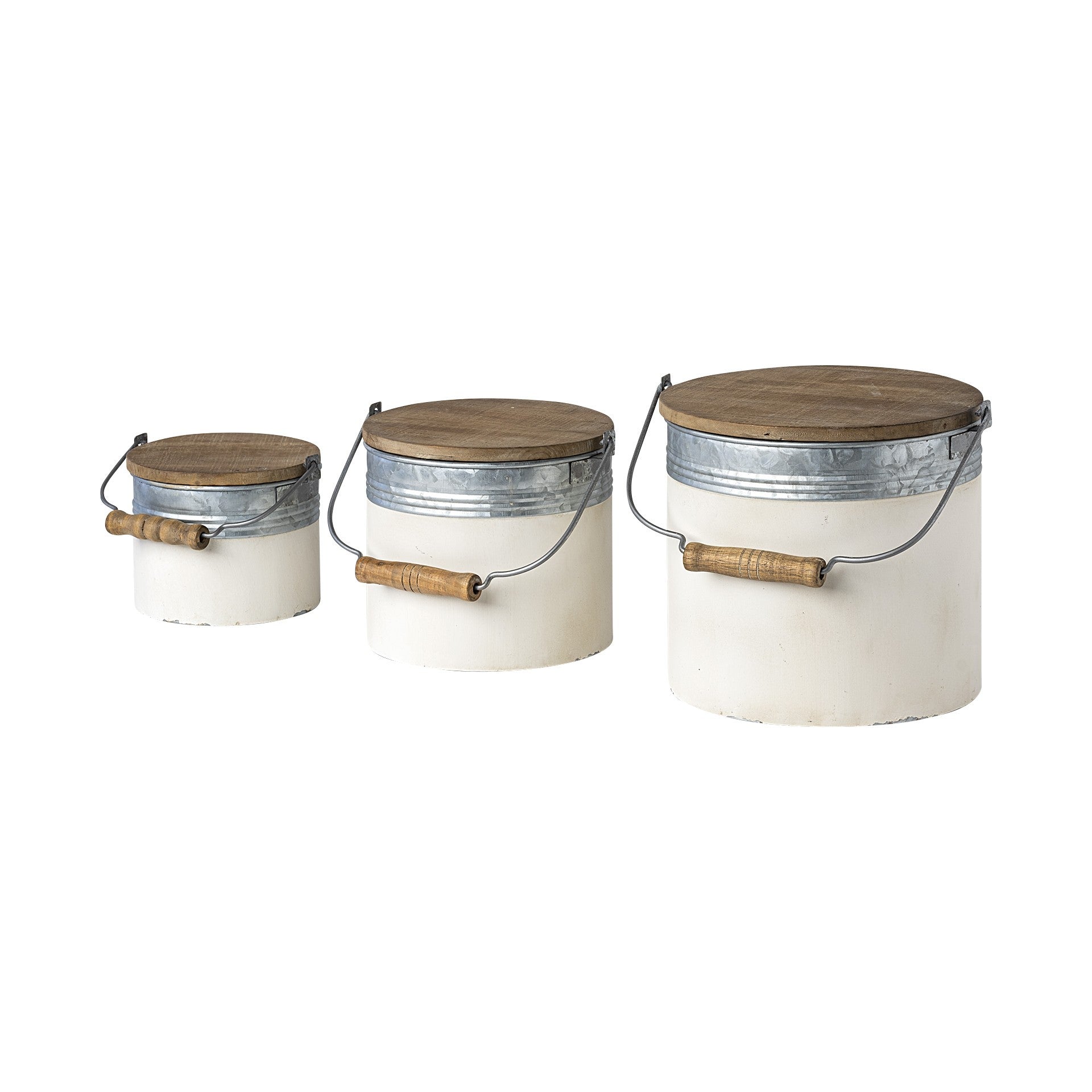 Set Of Three Rustic White Metal Storage Cans-Organizers-DECOROLALA