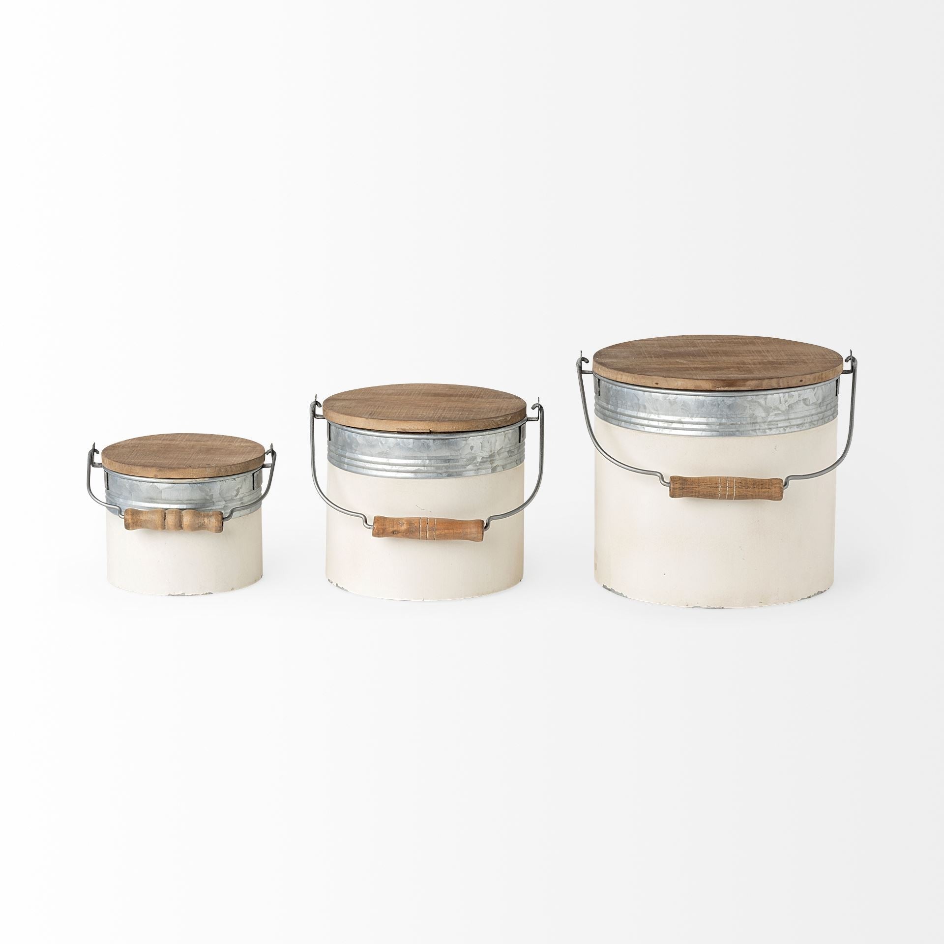 Set Of Three Rustic White Metal Storage Cans-Organizers-DECOROLALA