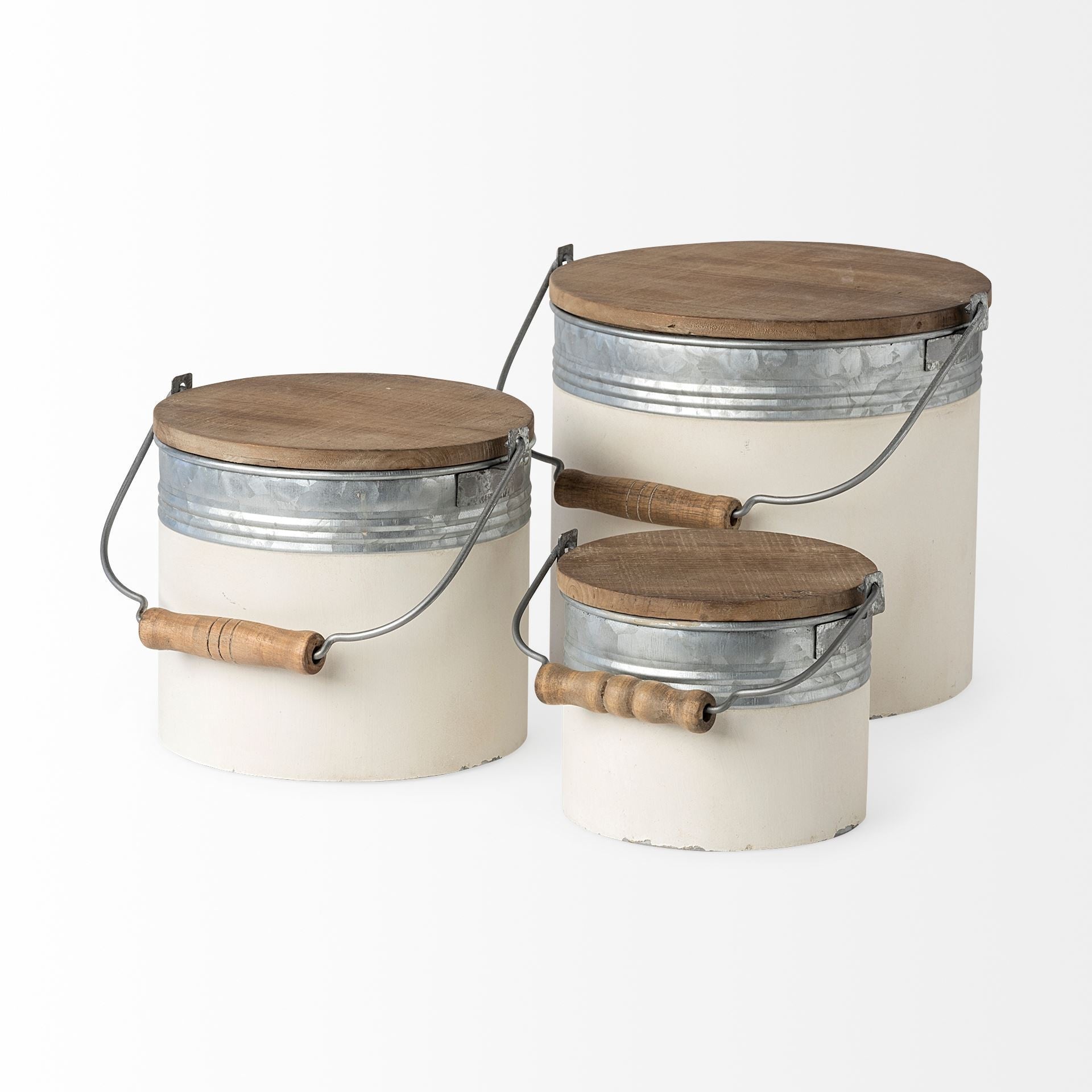 Set Of Three Rustic White Metal Storage Cans-Organizers-DECOROLALA