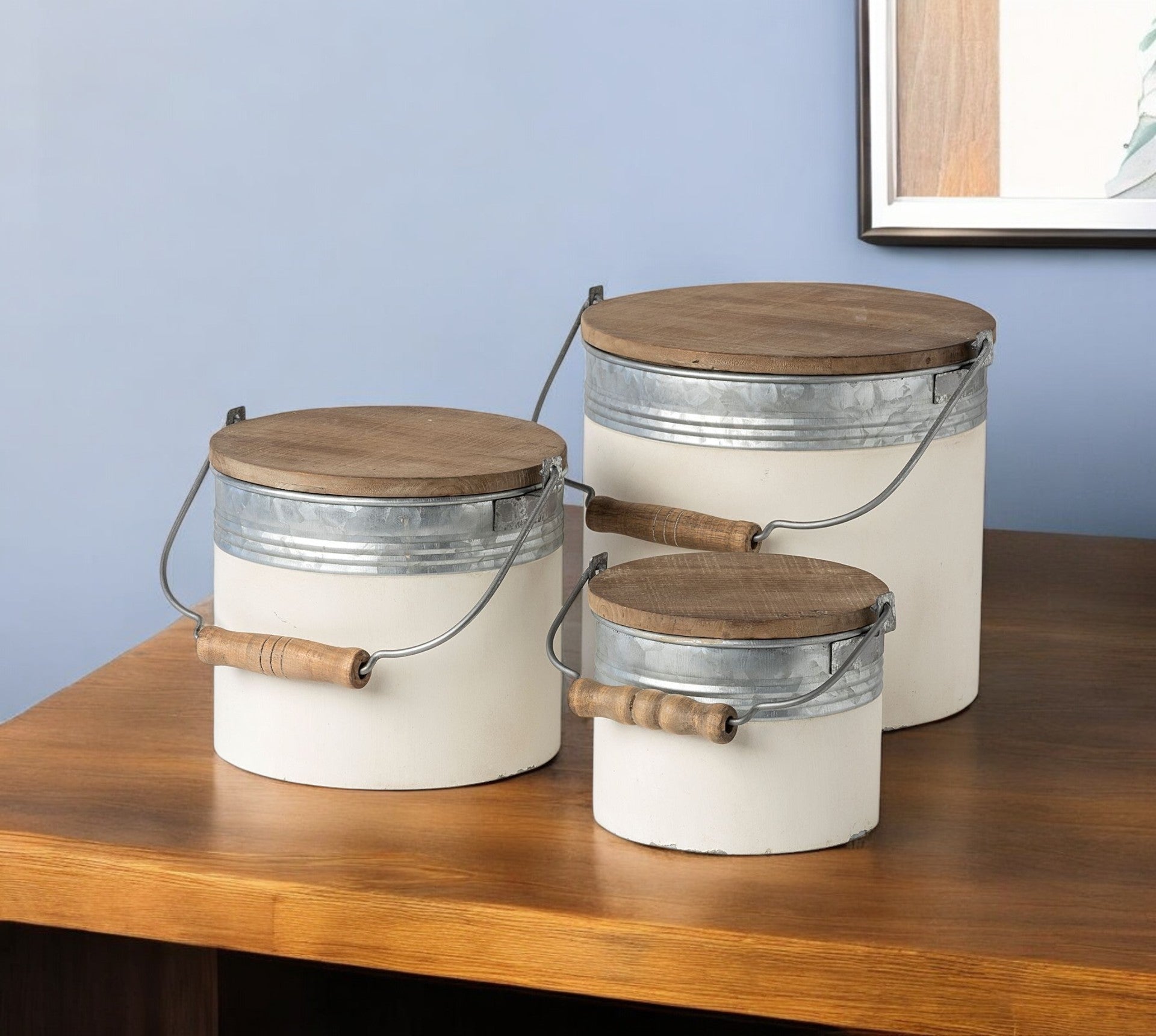 Set Of Three Rustic White Metal Storage Cans-Organizers-DECOROLALA