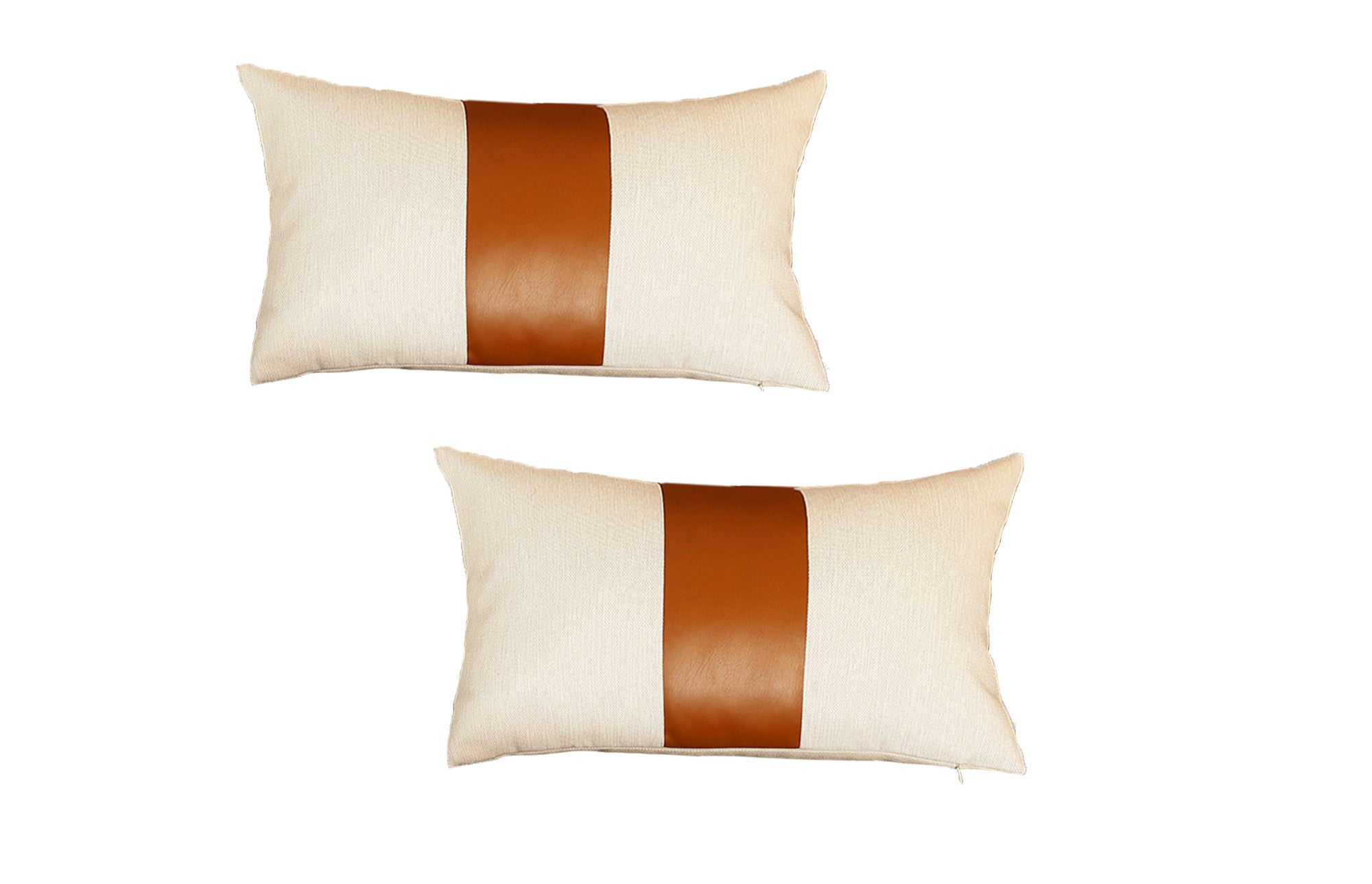 Set Of Two 18" X 18" Brown and Ivory Faux Leather Zippered Pillow-Accent Throw Pillows-DECOROLALA