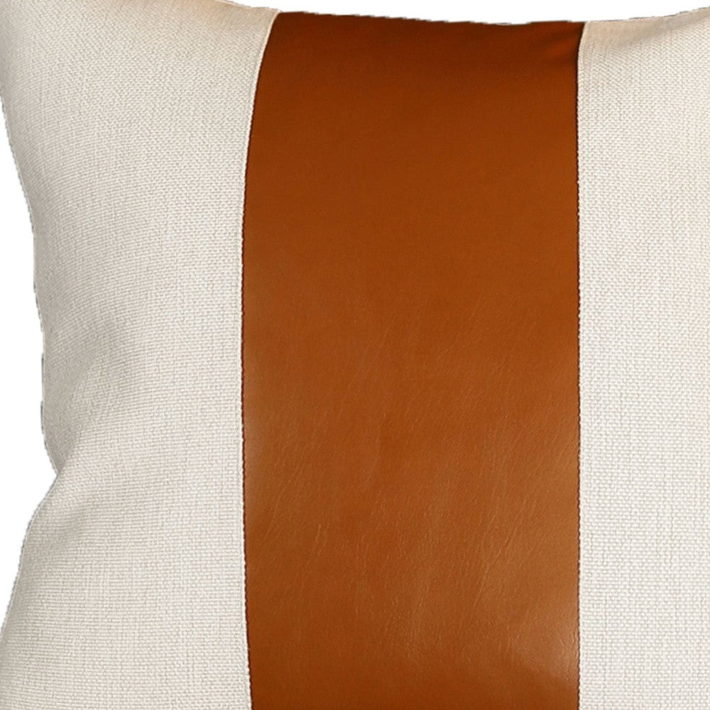 Set Of Two 18" X 18" Brown and Ivory Faux Leather Zippered Pillow-Accent Throw Pillows-DECOROLALA