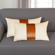Set Of Two 18" X 18" Brown and Ivory Faux Leather Zippered Pillow-Accent Throw Pillows-DECOROLALA