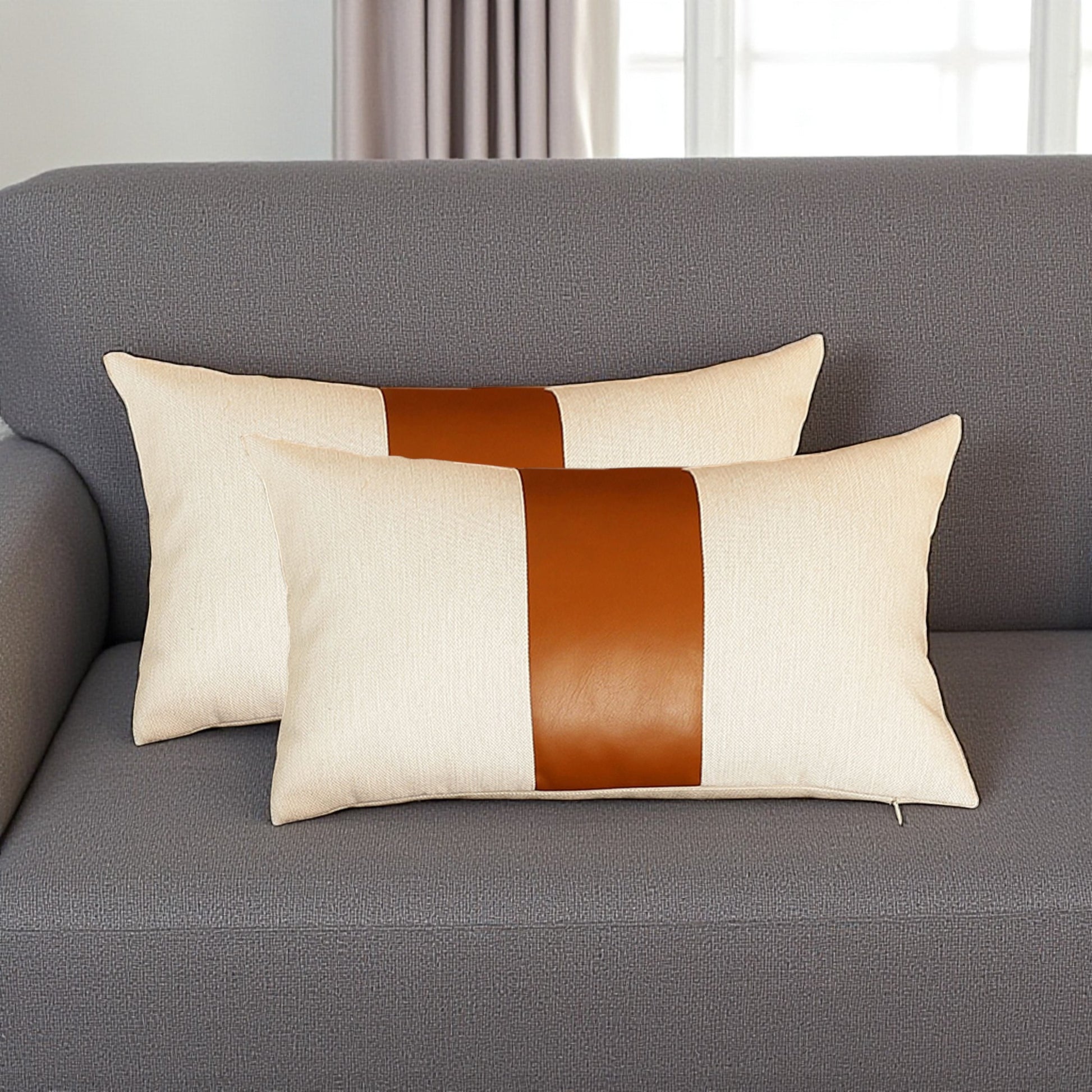Set Of Two 18" X 18" Brown and Ivory Faux Leather Zippered Pillow-Accent Throw Pillows-DECOROLALA