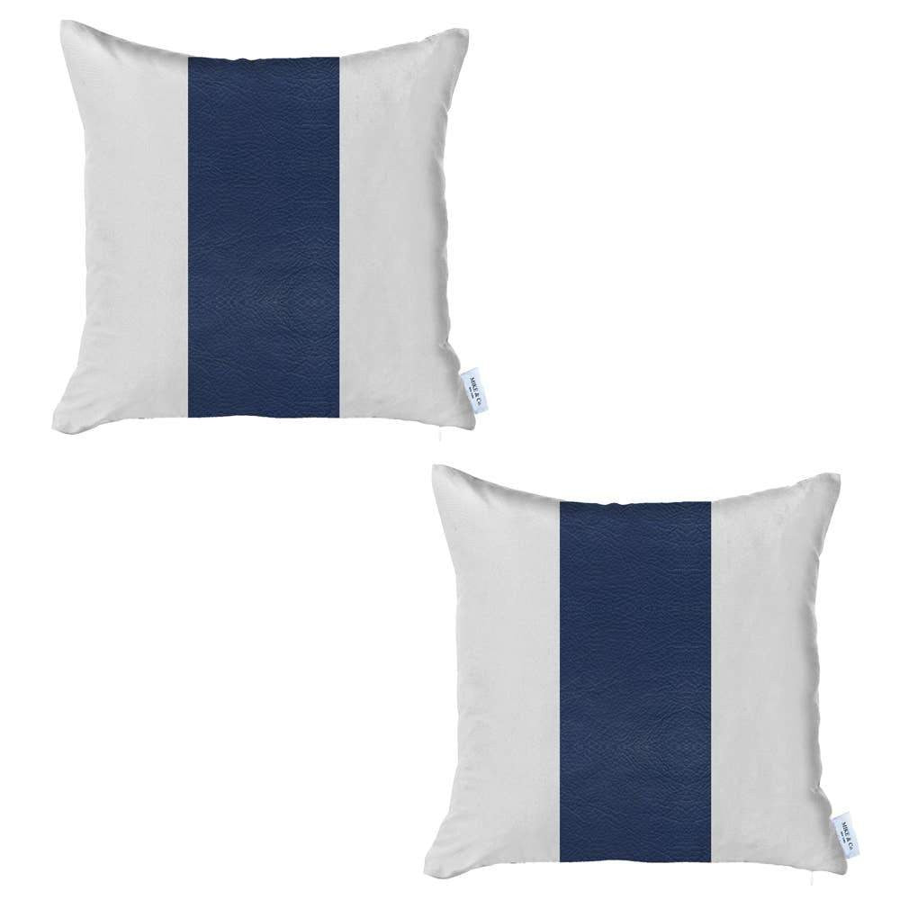 Set Of Two 18" X 18" Navy Blue Solid Color Zippered Handmade Faux Leather Throw Pillow-Accent Throw Pillows-DECOROLALA