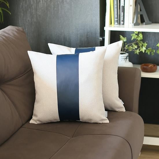 Set Of Two 18" X 18" Navy Blue Solid Color Zippered Handmade Faux Leather Throw Pillow-Accent Throw Pillows-DECOROLALA
