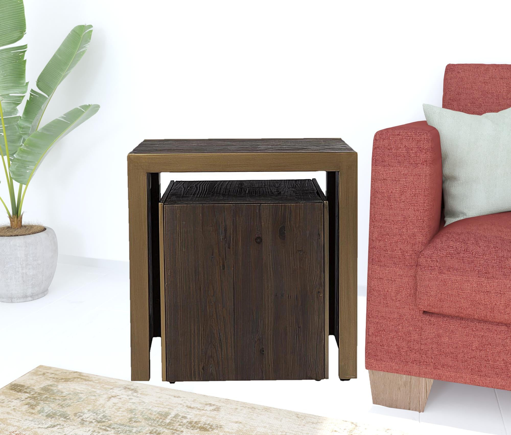 Set Of Two 19" Gray Solid Wood and Gold Chunky Nested End Tables-End-Side Tables-DECOROLALA