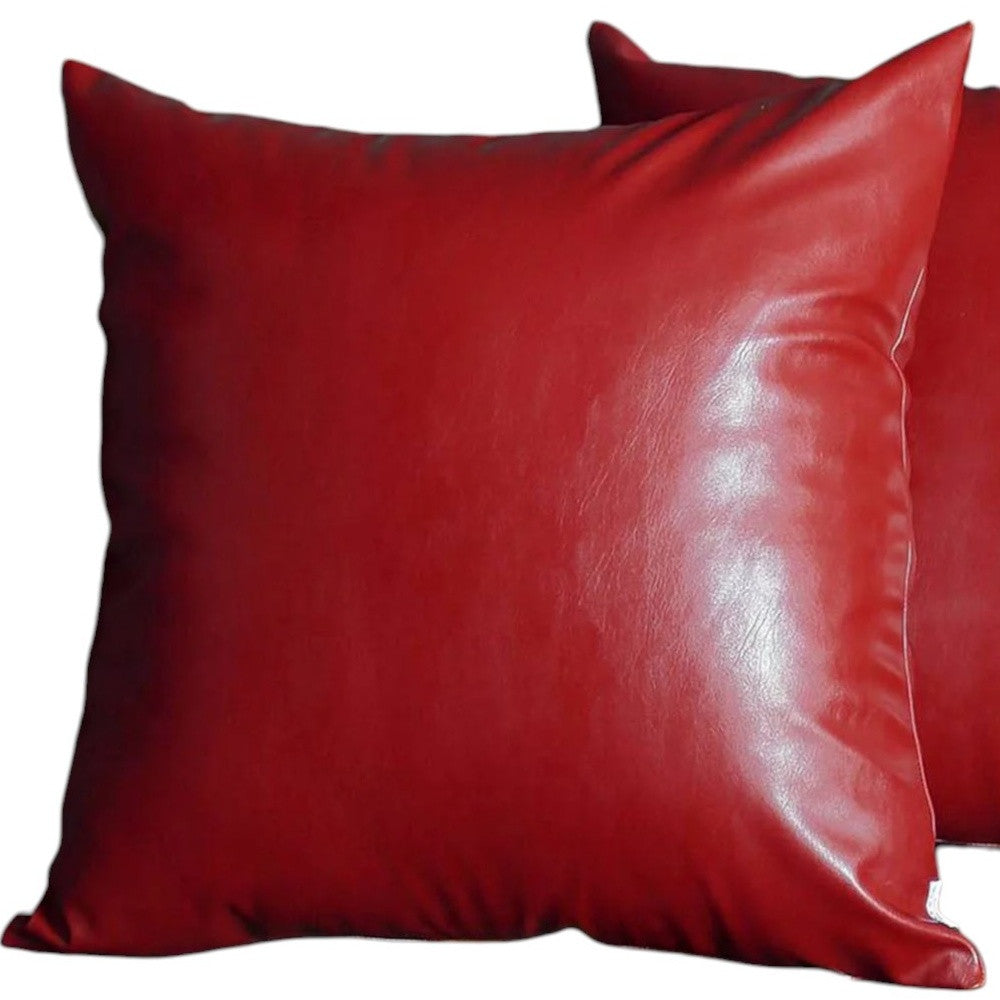 Set Of Two 20" X 20" Red Faux Leather Zippered Pillow-Accent Throw Pillows-DECOROLALA