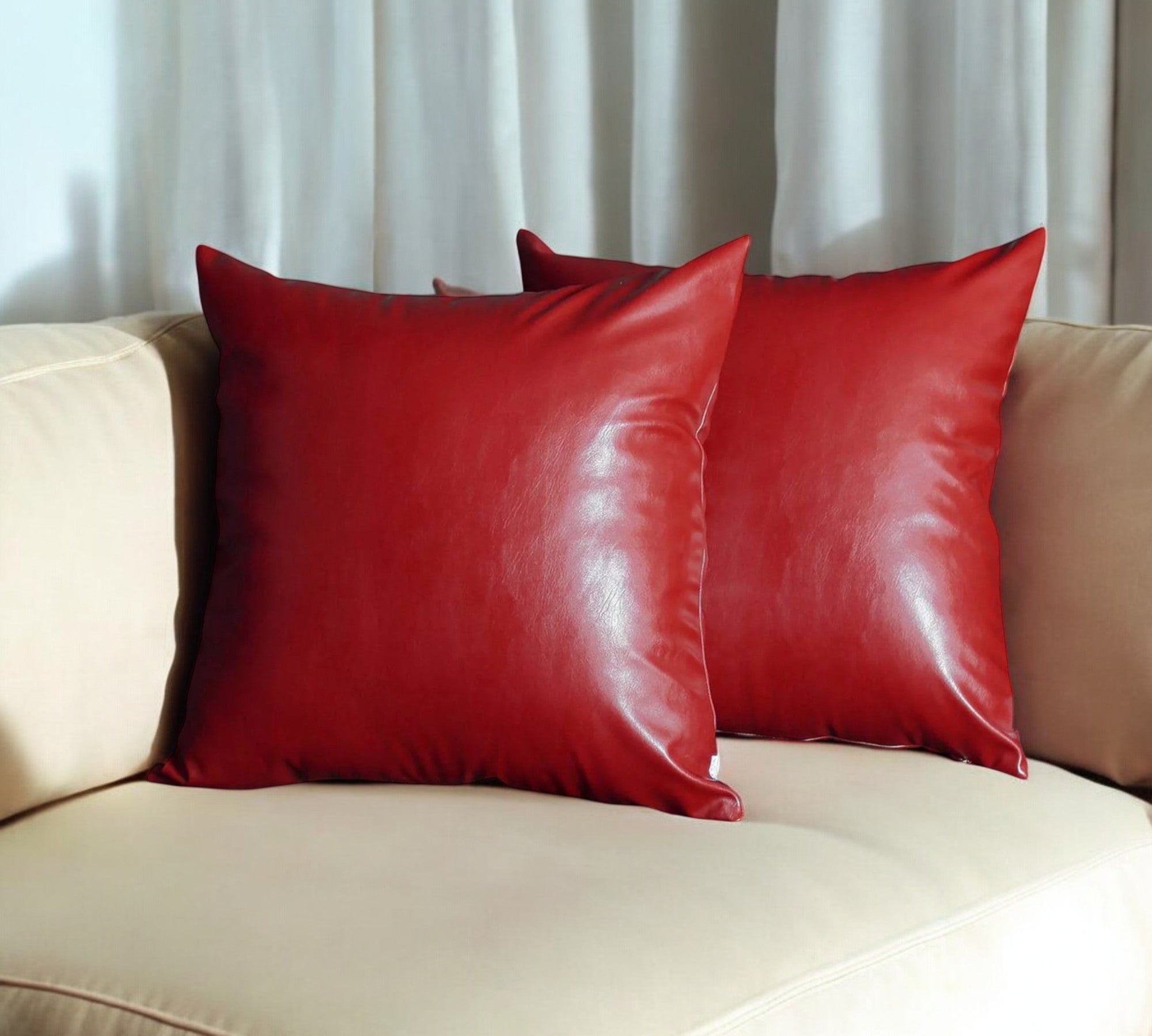 Set Of Two 20" X 20" Red Faux Leather Zippered Pillow-Accent Throw Pillows-DECOROLALA