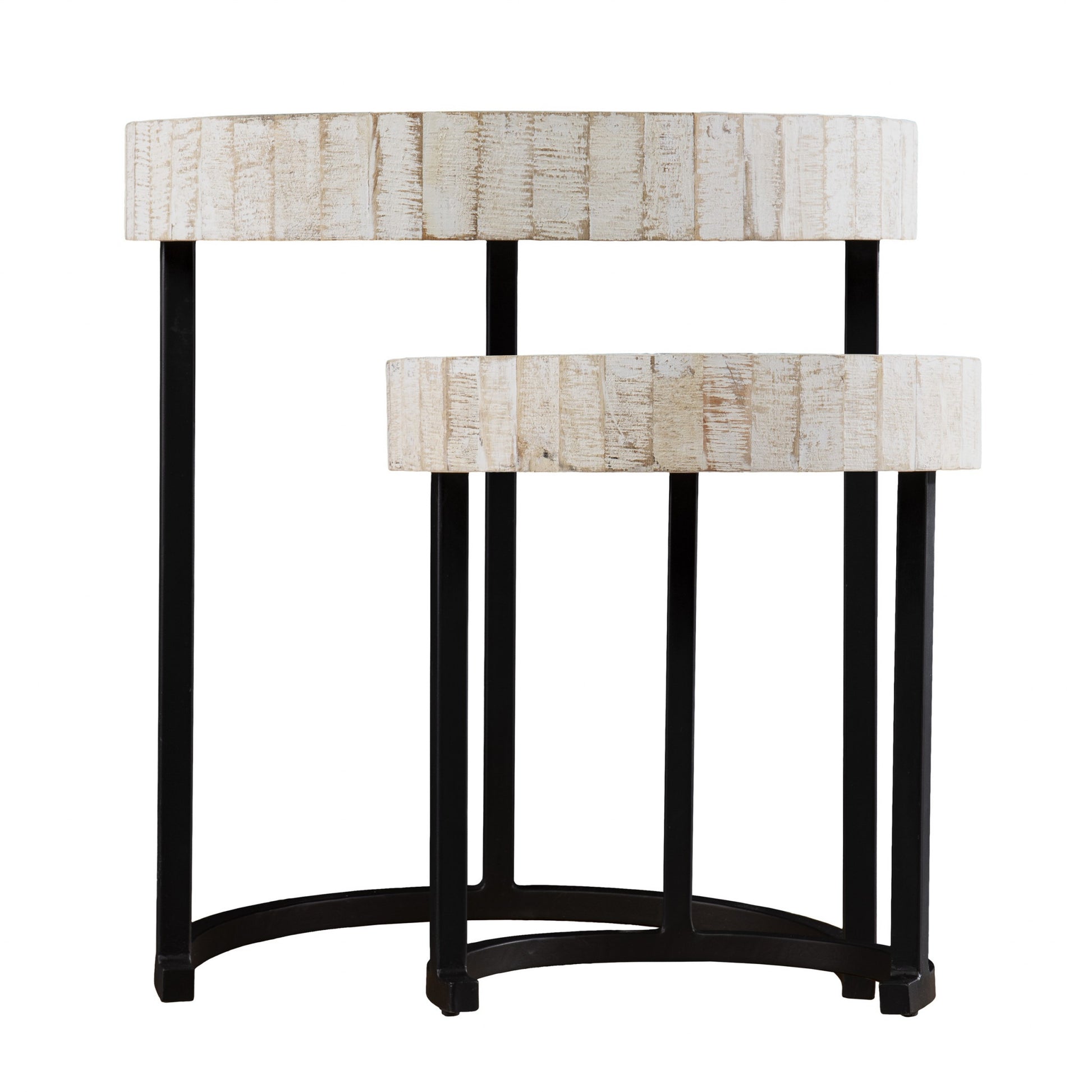 Set Of Two 21" White Solid Wood And Iron Round Nested Tables-End-Side Tables-DECOROLALA