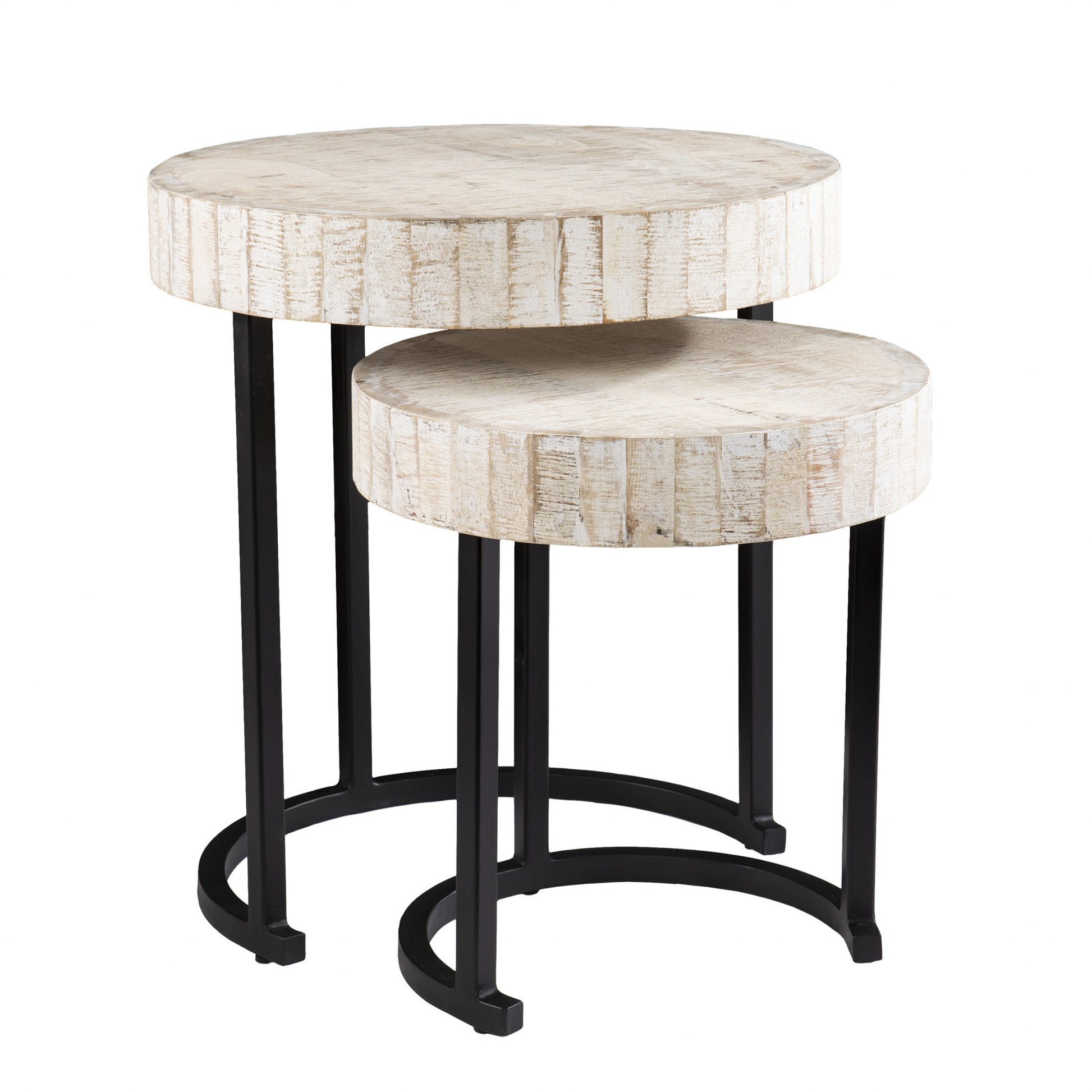 Set Of Two 21" White Solid Wood And Iron Round Nested Tables-End-Side Tables-DECOROLALA