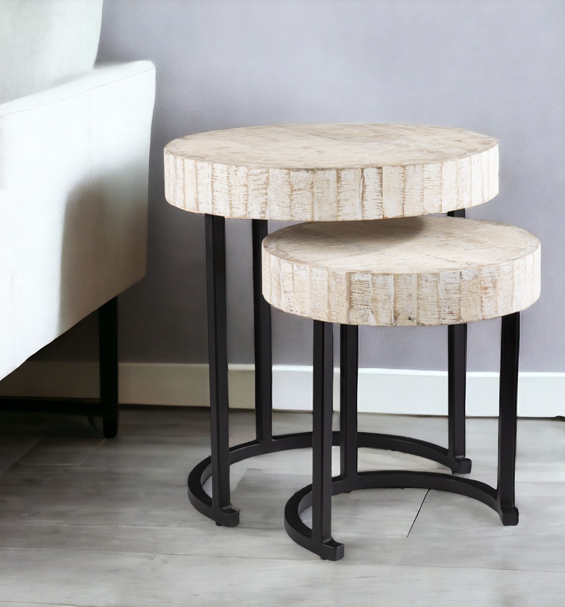 Set Of Two 21" White Solid Wood And Iron Round Nested Tables-End-Side Tables-DECOROLALA