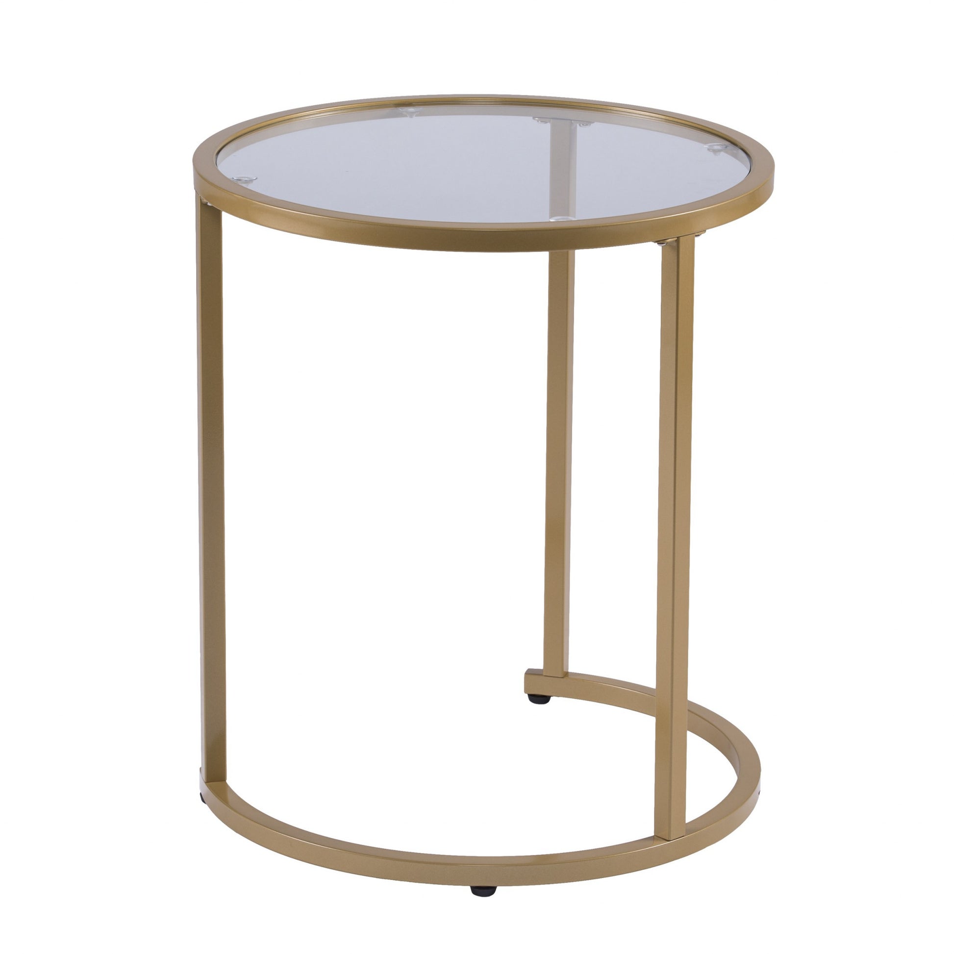 Set Of Two 23" Gold Glass And Steel Round Nested Tables-End-Side Tables-DECOROLALA