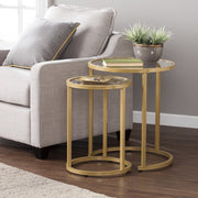 Set Of Two 23" Gold Glass And Steel Round Nested Tables-End-Side Tables-DECOROLALA
