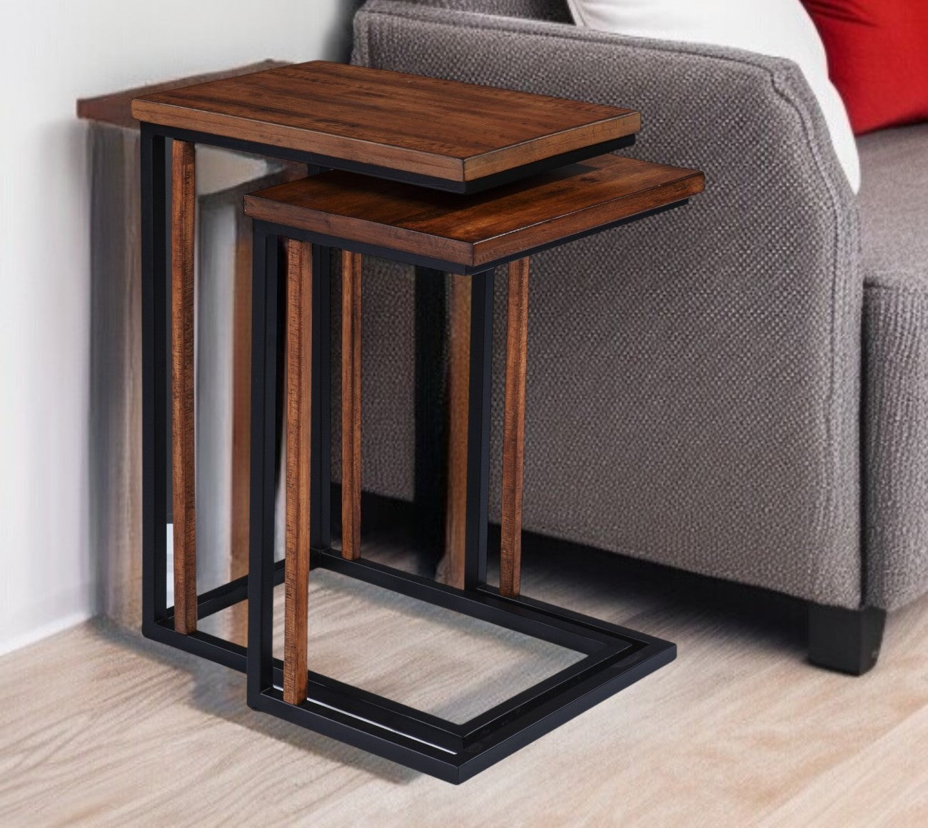 Set Of Two 25" Brown Solid Wood Rectangular Nested End Tables-End-Side Tables-DECOROLALA
