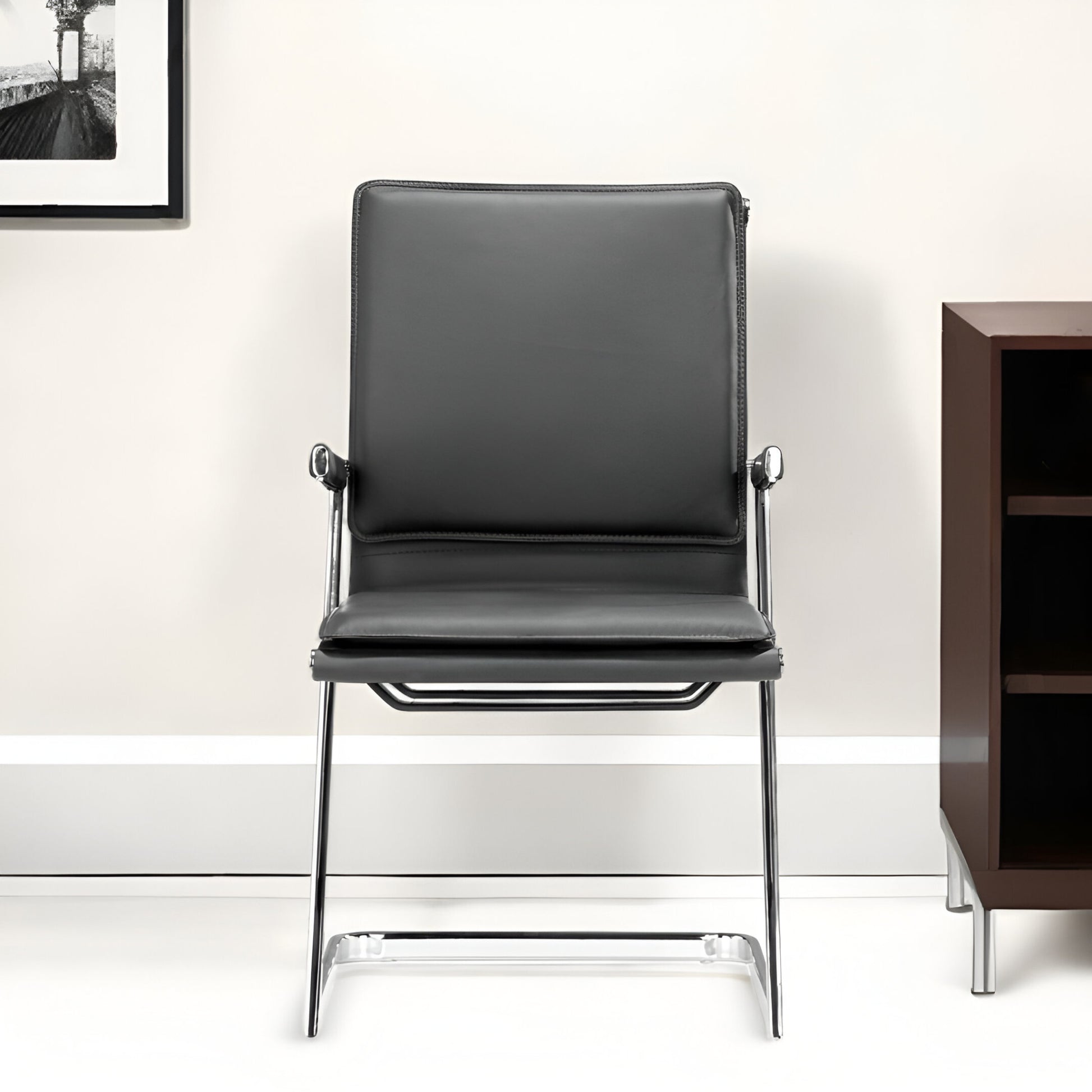 Set Of Two Black Faux Leather Seat Adjustable Conference Chair Metal Back Steel Frame-Office Chairs-DECOROLALA