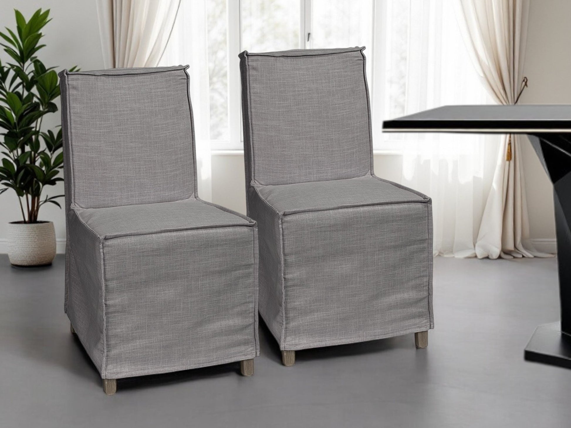 Set Of Two Gray And Brown Slipcovered Wood Parsons Chairs-Dining Chairs-DECOROLALA