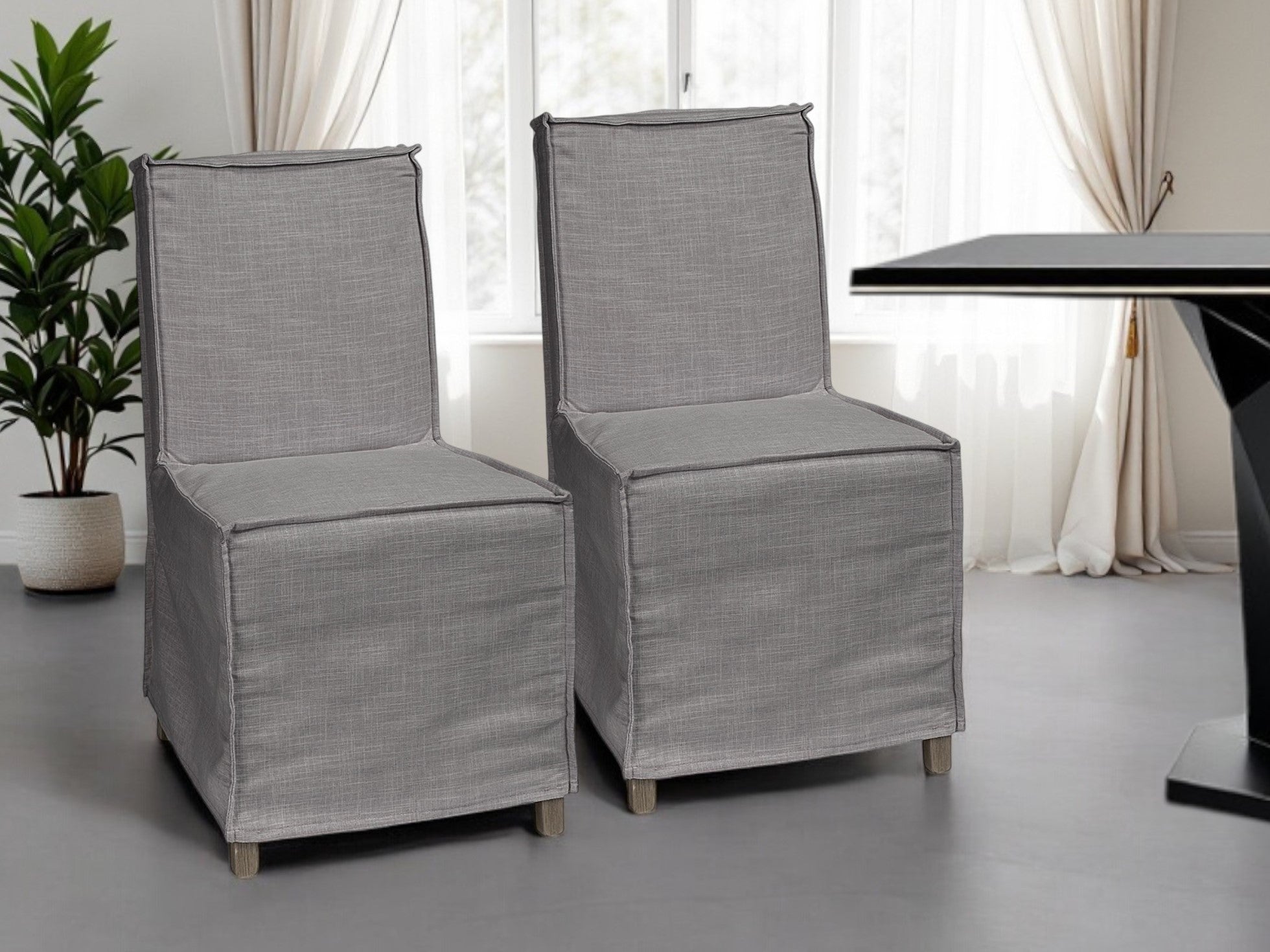 Set Of Two Gray And Brown Slipcovered Wood Parsons Chairs-Dining Chairs-DECOROLALA